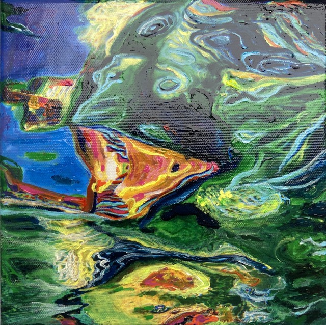 Aqua-Realismen 1, 2024, Acryl und Tusche auf Fotoleinwand, 20×20 cm
